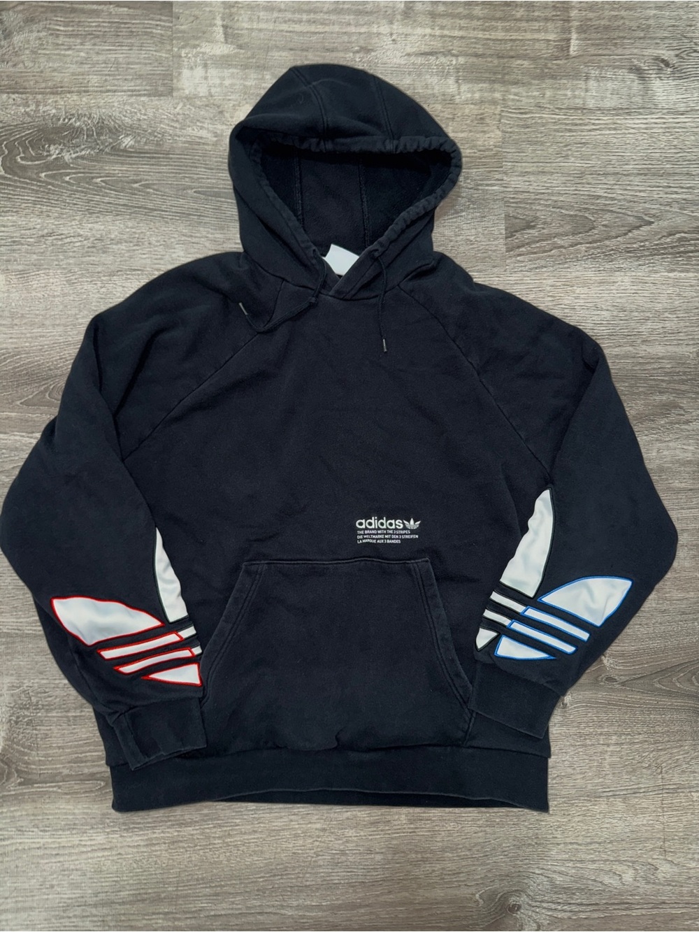 adidas Black Hoodie with Red and Blue Sleeve Accents